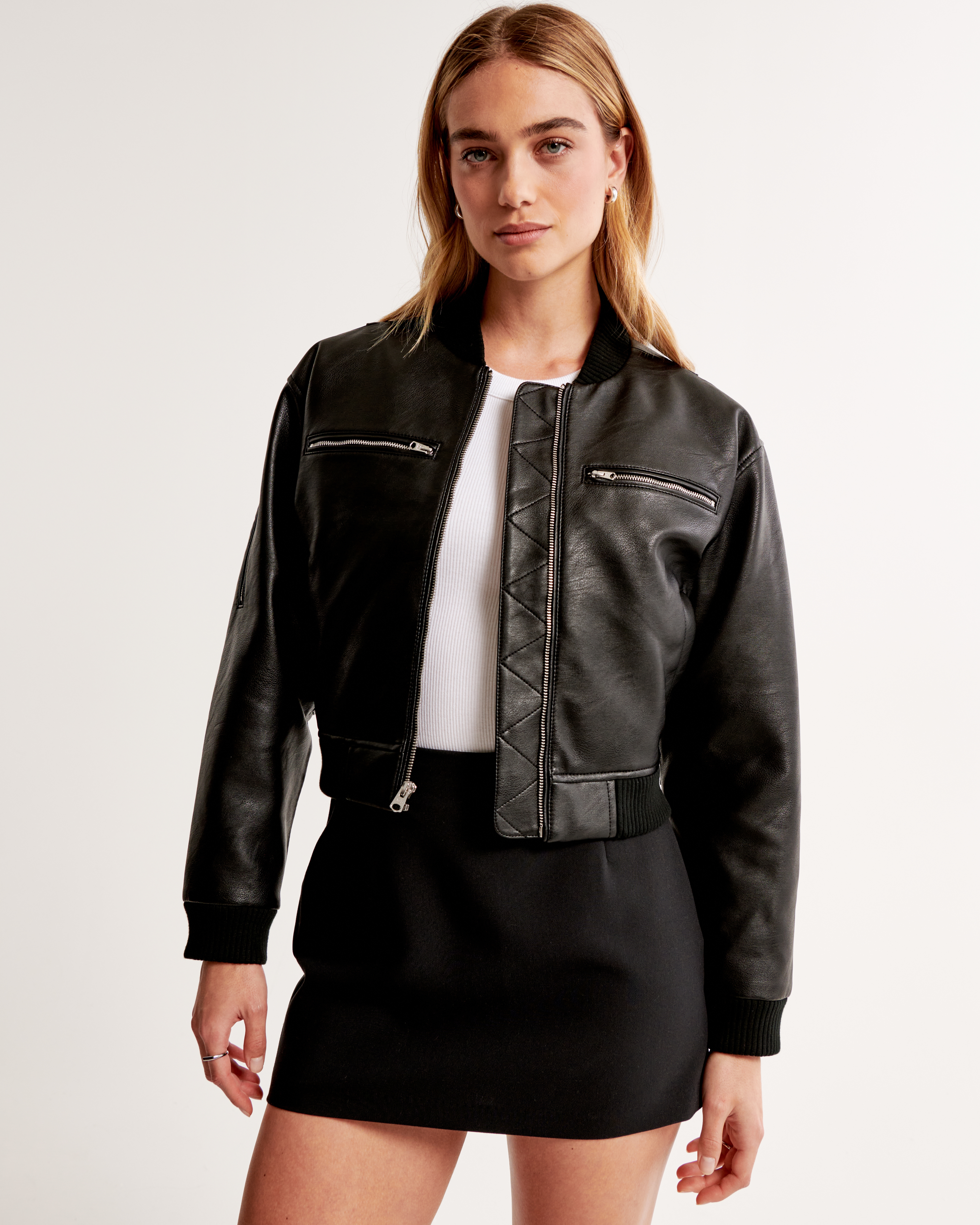 Women's Cropped Vegan Leather Bomber Jacket | Women's Coats
