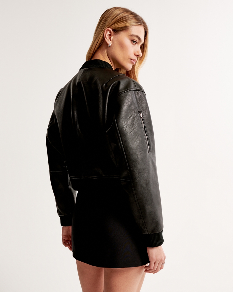 Women's Cropped Vegan Leather Bomber Jacket, Women's Coats & Jackets
