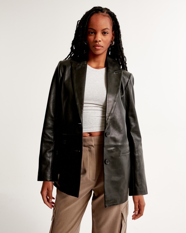 Genuine Leather Blazer, Black view 1