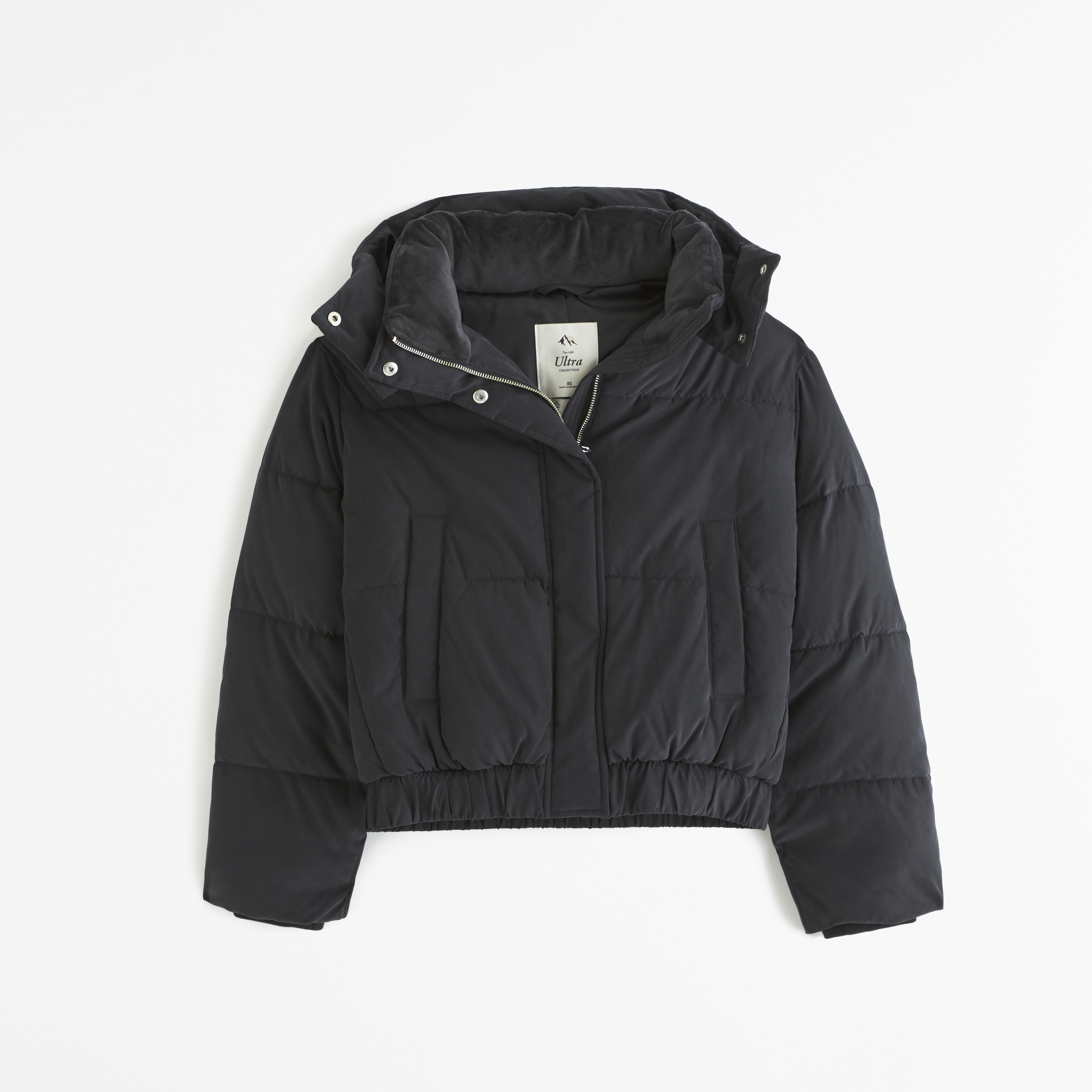 Black puffer jacket store with a hood