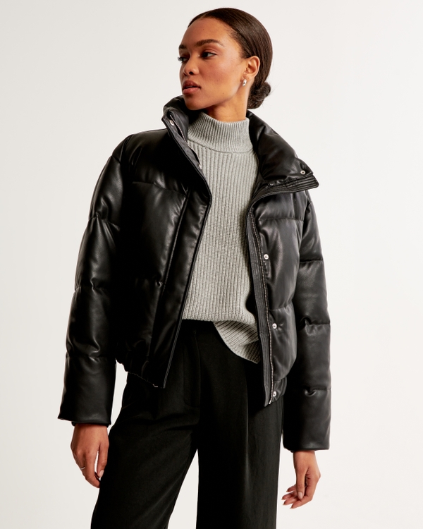 Vegan Leather Mini Ultra Puffer, Black