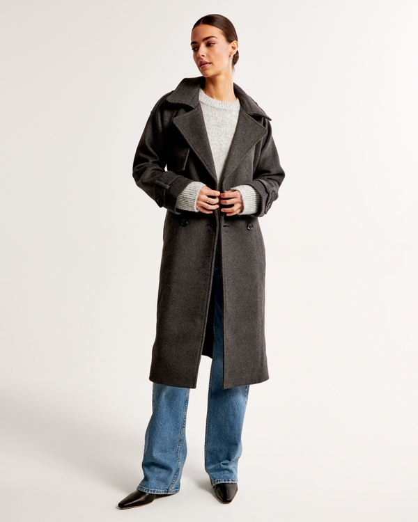 Wool-Blend Trench Coat, Dark Grey