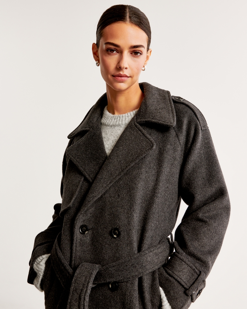 Womens Grey Wool Coat  Slim Tweed Trench Coat