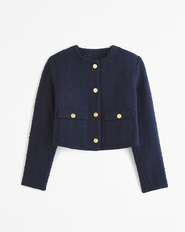 Collarless Tweed Jacket, Navy
