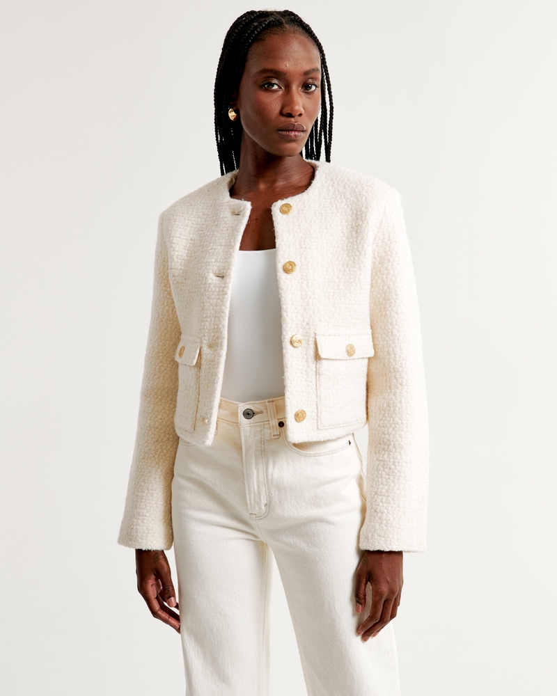 Women's Collarless Boucle Jacket in Cream | Size S | Abercrombie & Fitch