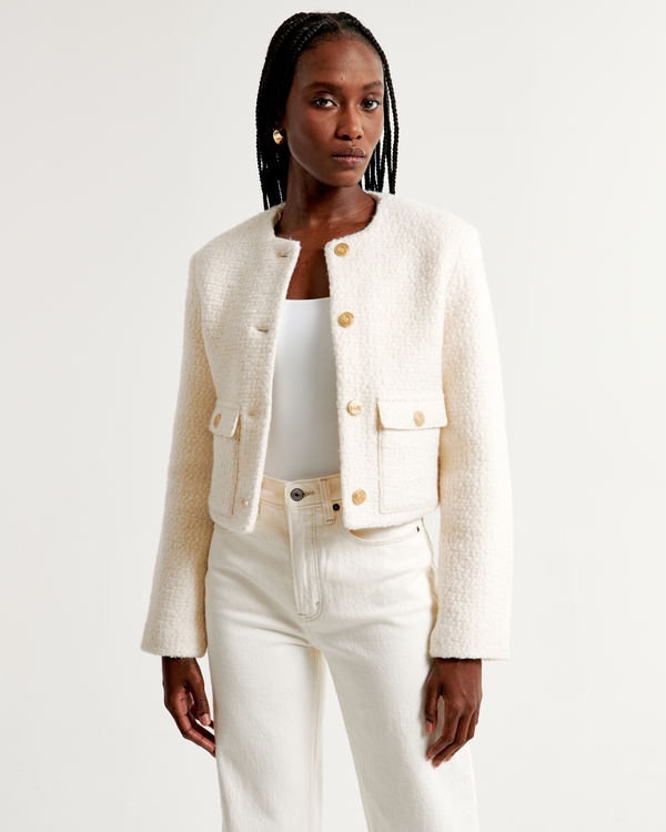 Collarless Boucle Jacket, Cream