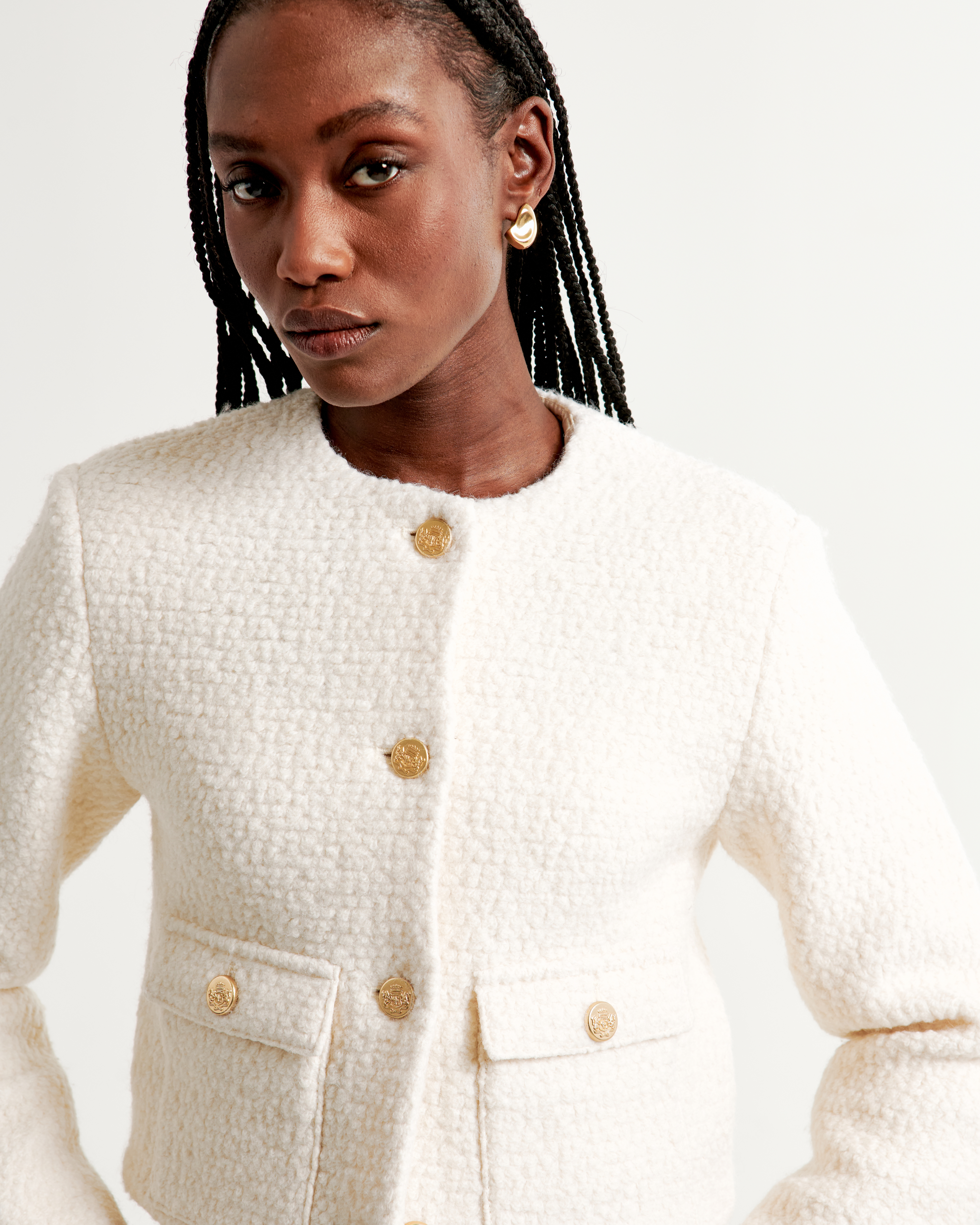 Women's Collarless Boucle Jacket | Women's Coats & Jackets