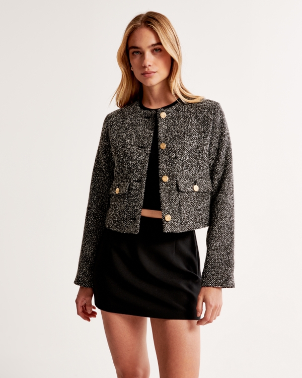 Collarless Textured Jacket, Black