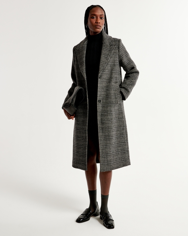 Wool-Blend Tailored Topcoat, Grey Plaid