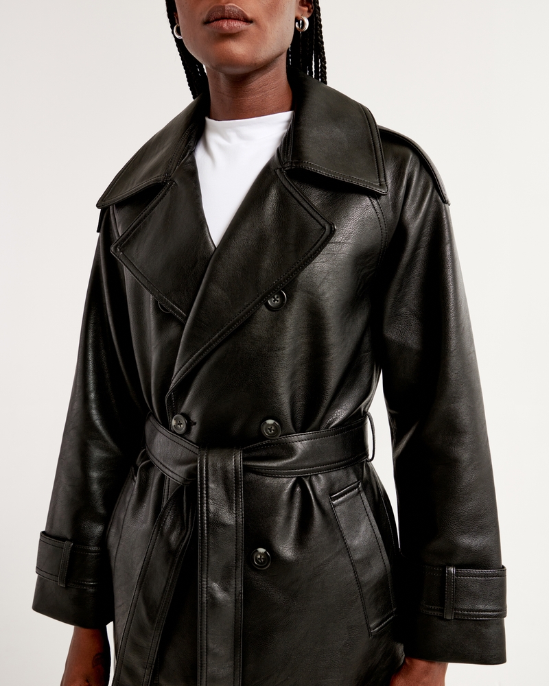 Vegan Leather Trench Coat in Black