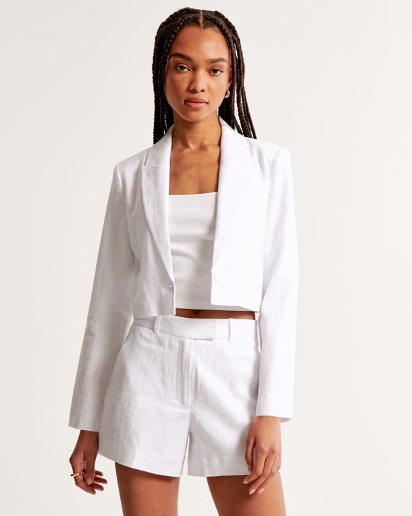Premium Linen Cropped Blazer, White