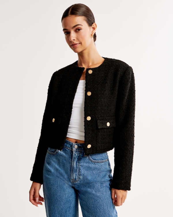 Collarless Tweed Jacket, Black