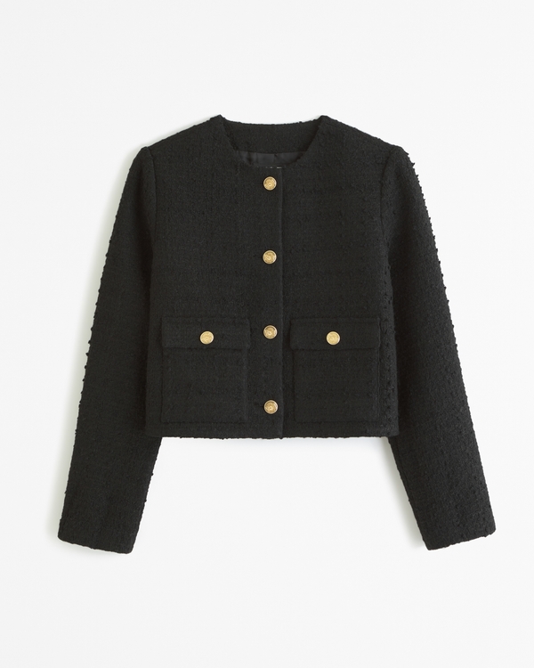 Collarless Tweed Jacket, Black