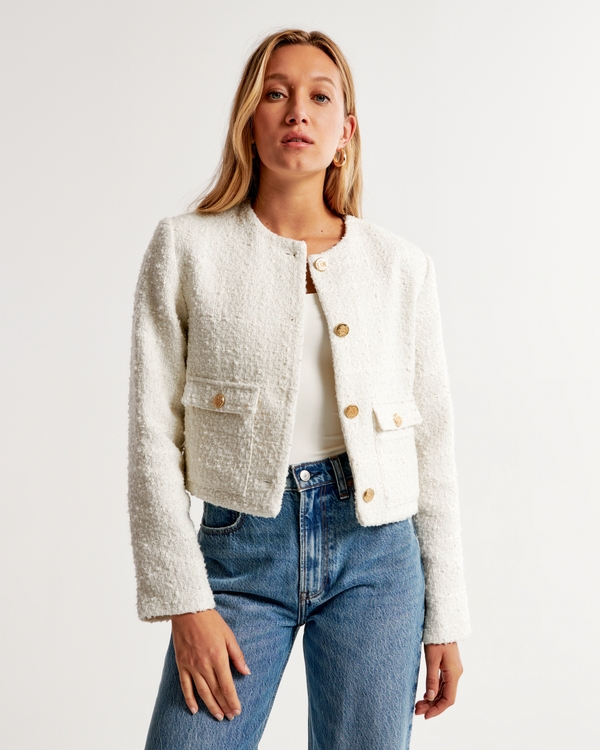 Collarless Tweed Jacket, Cream