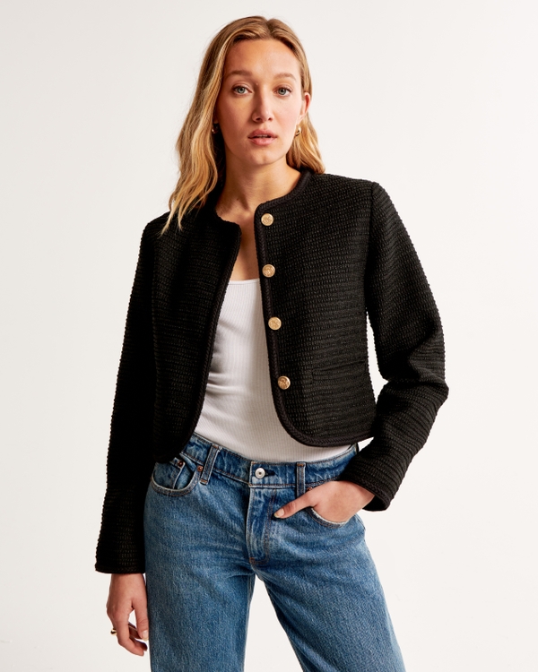 Collarless Tweed Jacket, Black