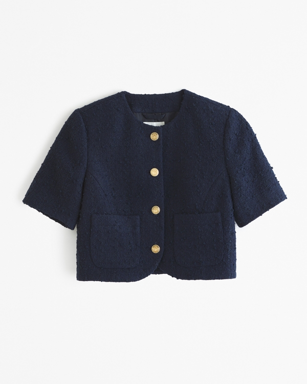 Short-Sleeve Collarless Tweed Jacket