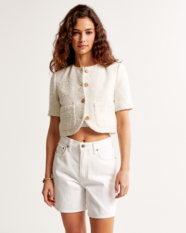 Short-Sleeve Collarless Tweed Jacket, Cream