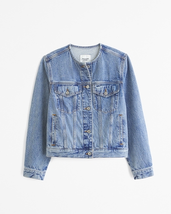 Collarless denim jacket women store