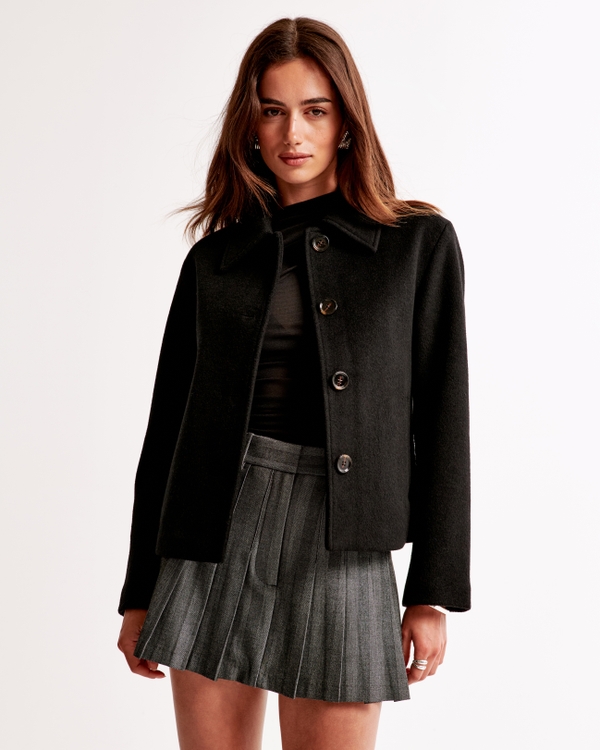 Wool-Blend Short Coat, Black