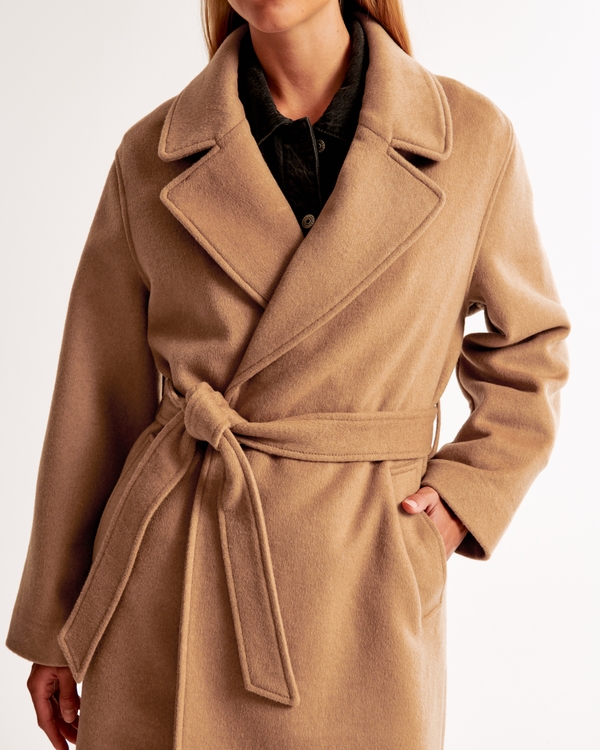 Double-Cloth Belted Wool-Blend Coat, Brown view 1