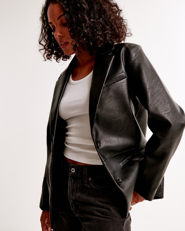 Vegan Leather Blazer, Black