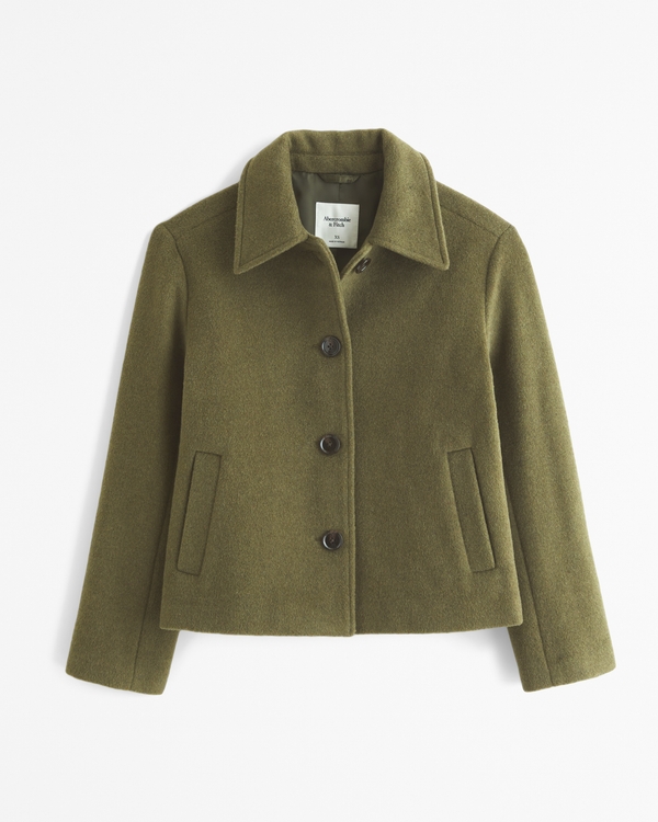 Wool-Blend Short Coat, Olive