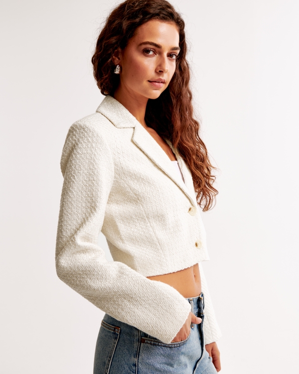 Cropped Tweed Blazer, Cream view 2
