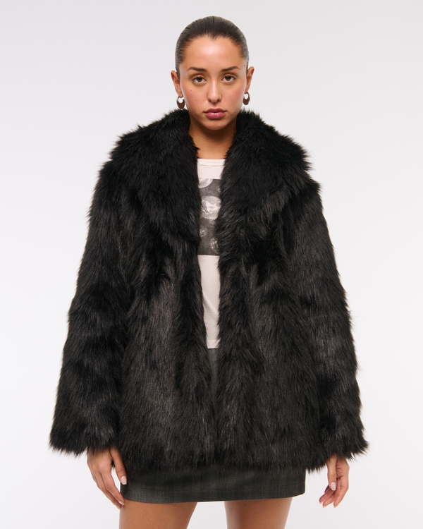 Shawl Collar Faux Fur Coat, Black