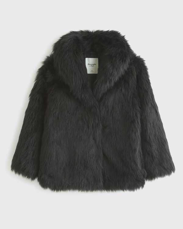 Shawl Collar Faux Fur Coat, Black view 1
