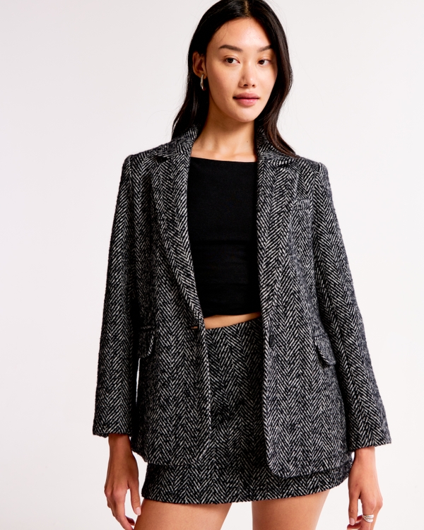 Wool-Blend Blazer Coat, Black Herringbone