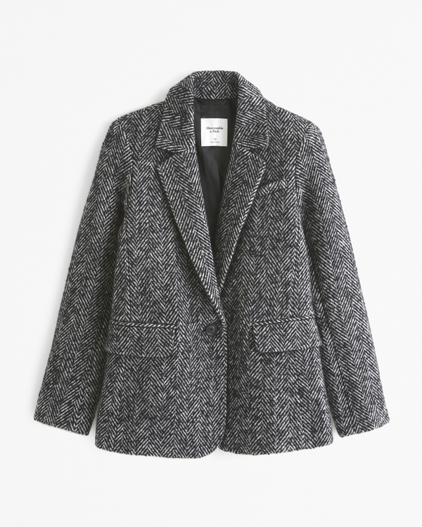 Wool-Blend Blazer, Black Herringbone view 1