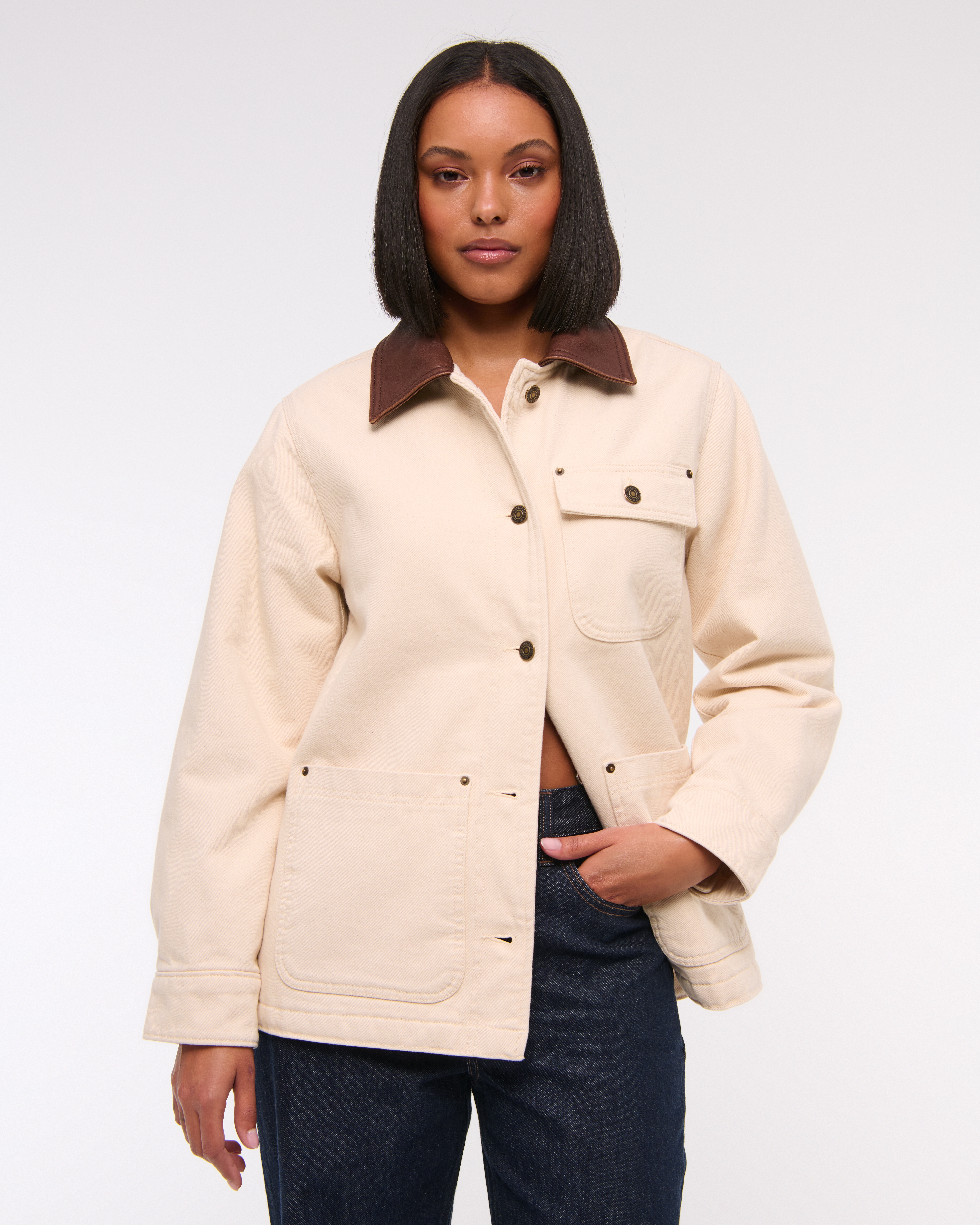 Abercrombie & Fitch Mid-length Twill Workwear Jacket In White