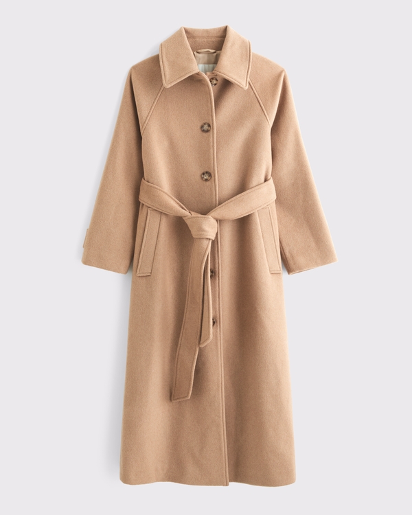 Wool-Blend Belted Coat, Brown view 1