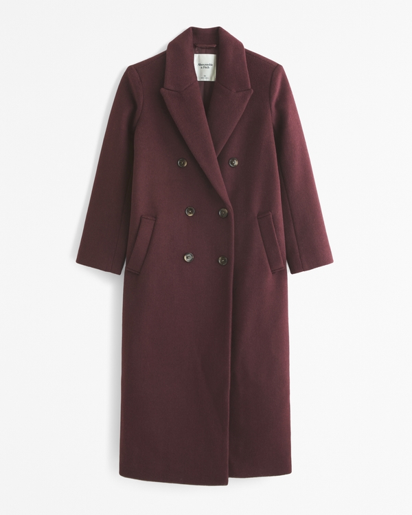 Wool-Blend Double-Breasted Coat, Burgundy