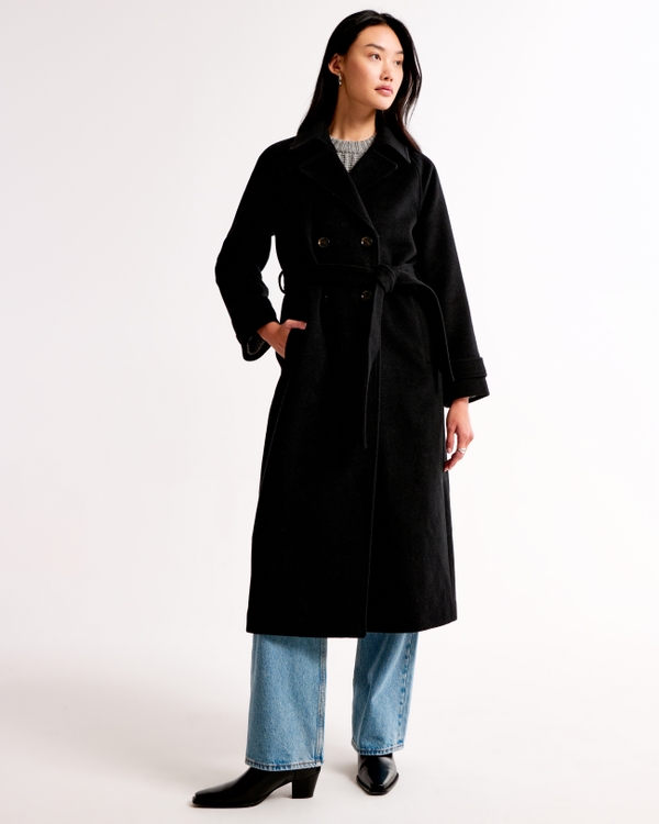 Wool-Blend Trench Coat, Black