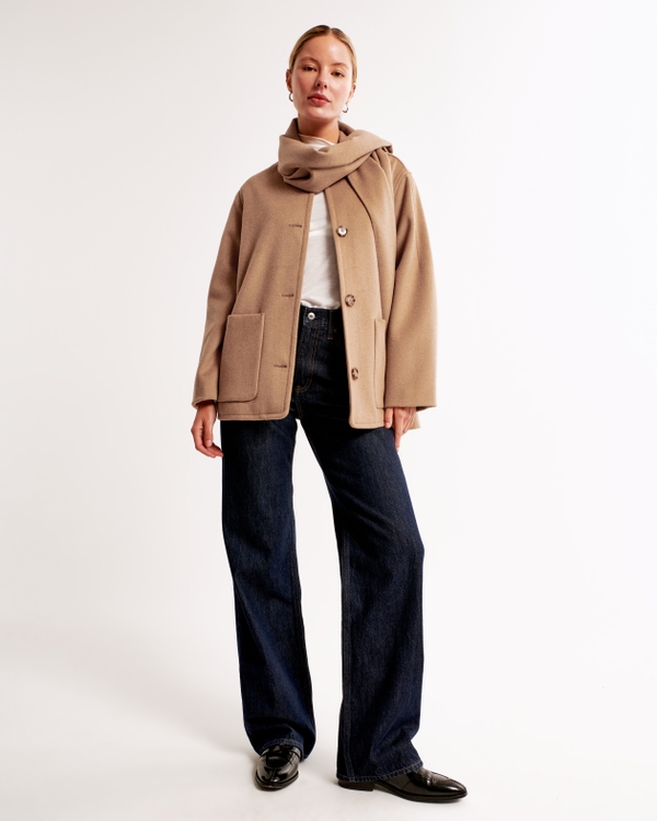 Removable Scarf Wool-Blend Coat, Brown view 2