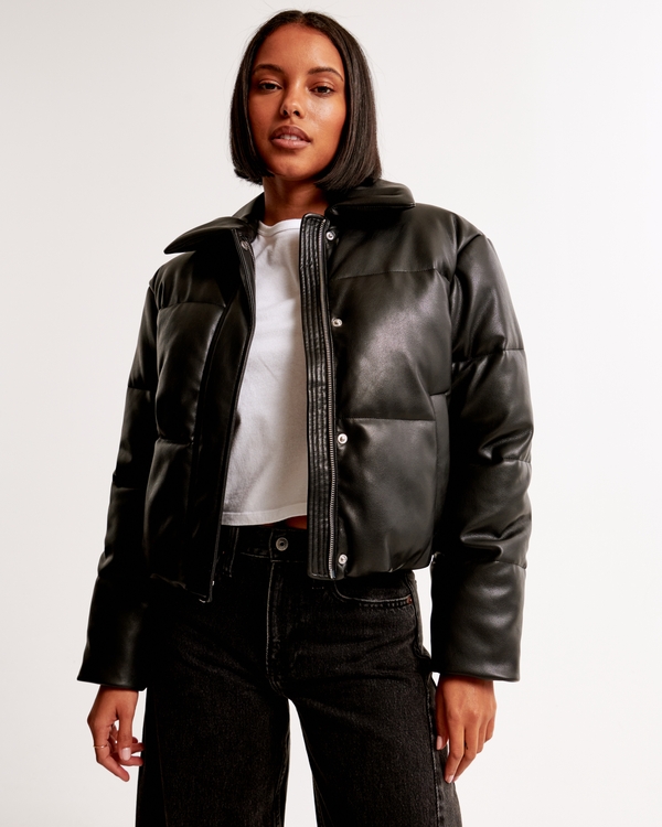 Vegan Leather Short Puffer, Black