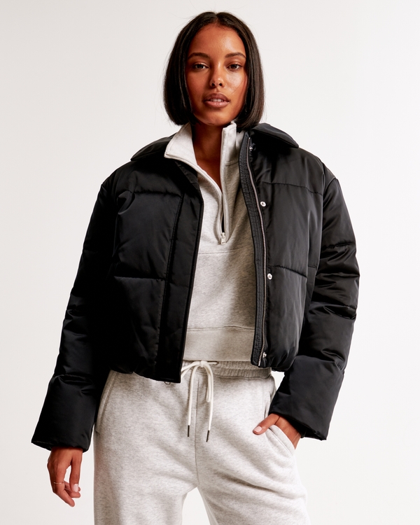 Satin Short Puffer, Black