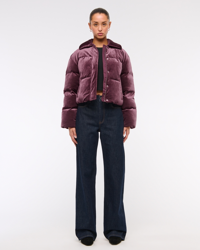 Cropped Velvet Puffer Coat