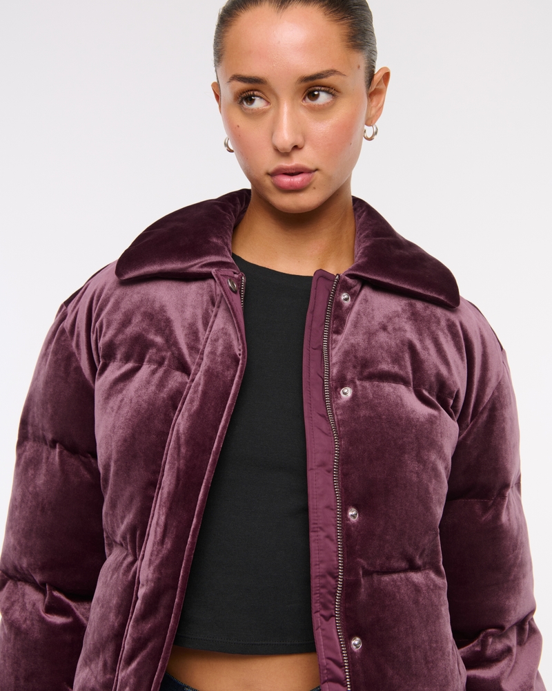 Cropped Velvet Puffer Coat