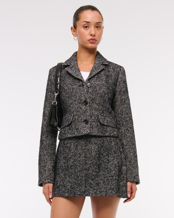 Cropped Wool-Blend Blazer Coat, Black Herringbone