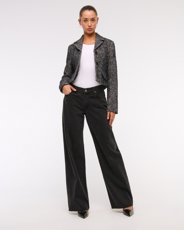 Cropped Wool-Blend Blazer Coat, Black Herringbone view 2
