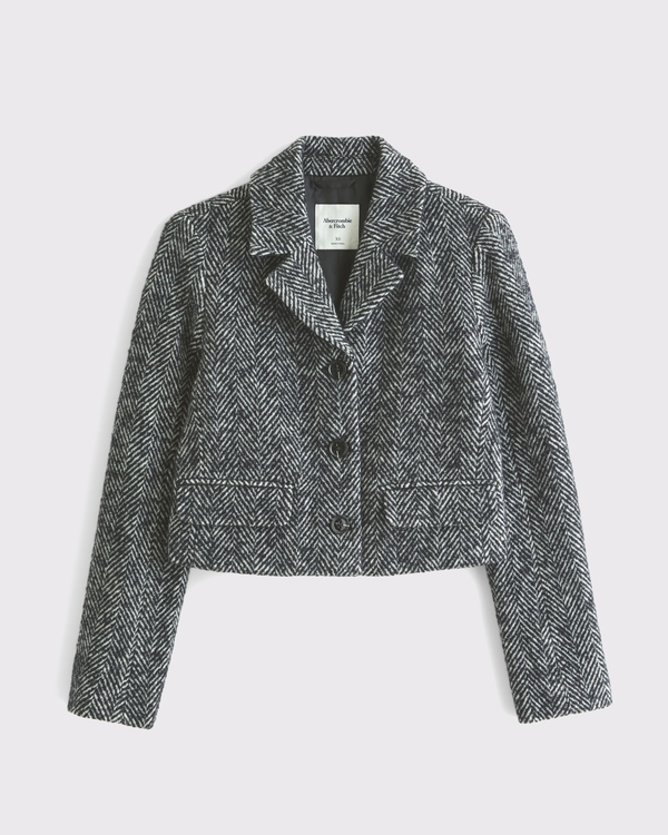 Cropped Wool-Blend Blazer Coat, Black Herringbone view 1