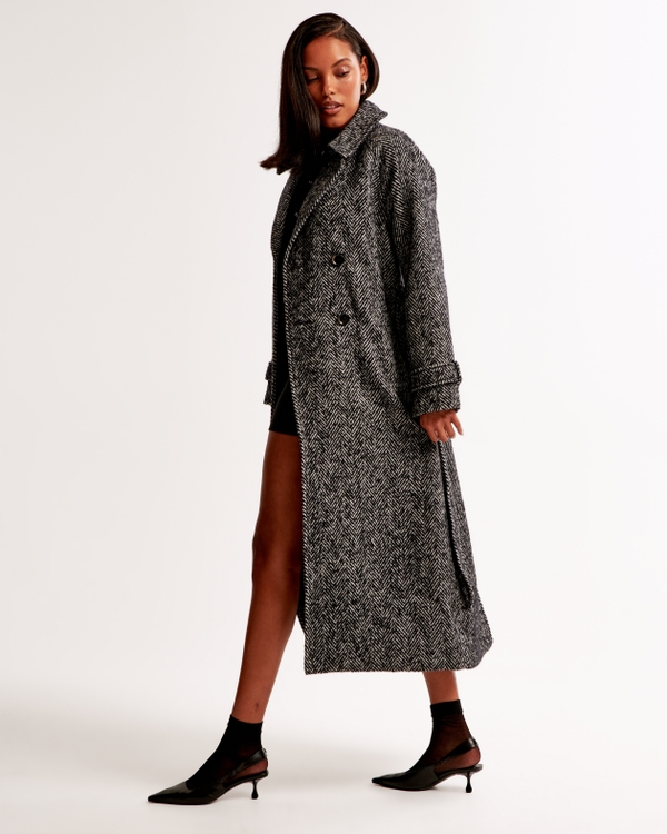 Wool-Blend Trench Coat, Black Herringbone