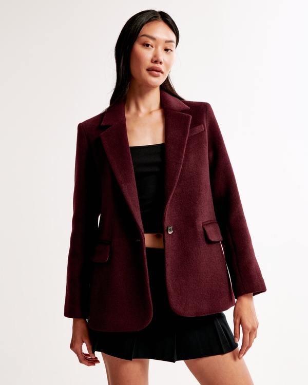 Wool-Blend Blazer Coat, Burgundy