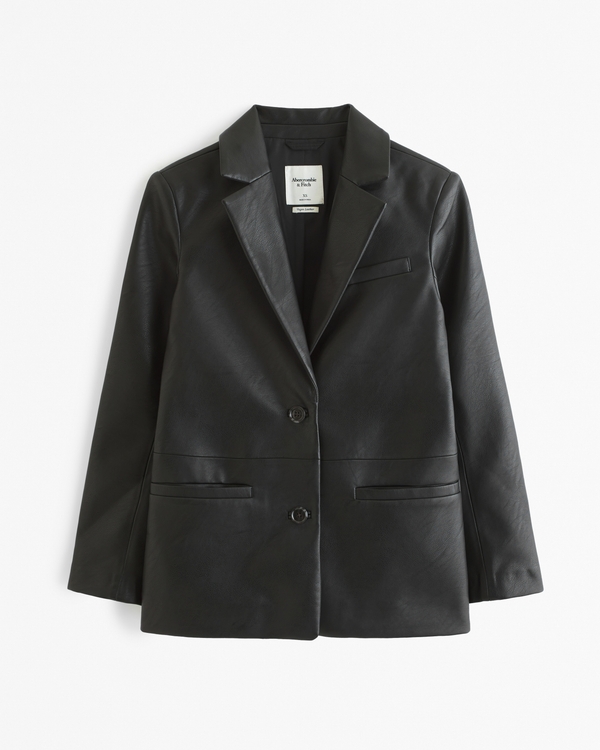 Vegan Leather Blazer, Black view 1