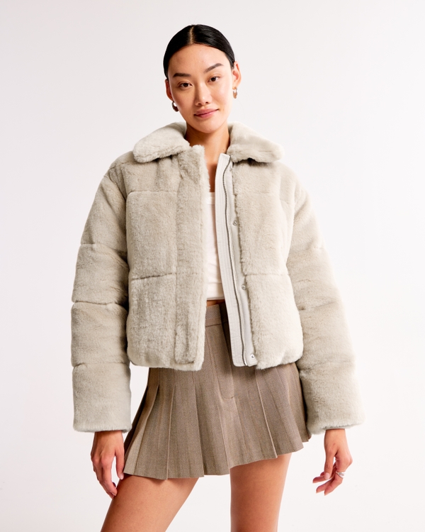 Faux Fur Short Puffer, Ash