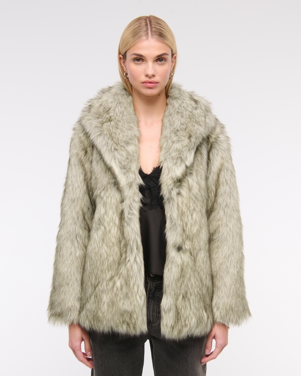 Shawl Collar Faux Fur Coat, Gray