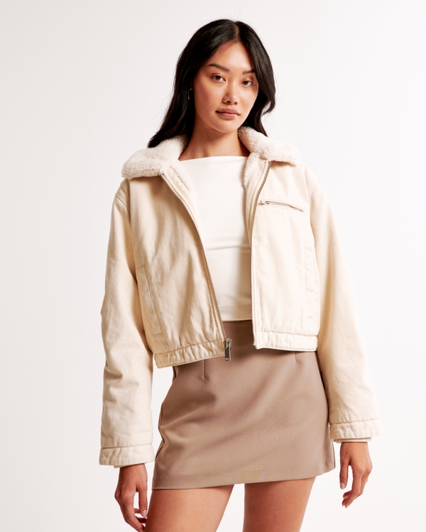 Winterized Cropped Twill Workwear Jacket, Cream