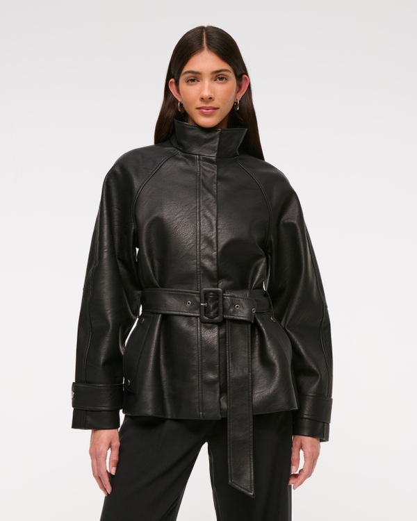 Belted Vegan Leather Jacket, Black